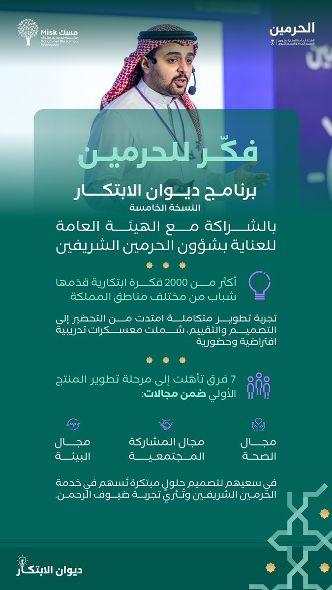 MiskCommunity's tweet photo. يقترب برنامج #ديوان_الابتكار من ختام رحلته، حيث نحتفي بالأفكار الشبابية وبإبداعات الفرق التي واجهت تحديات الحرمين الشريفين بأساليب مبتكرة، لتُسهم في تعزيز استدامة الخدمات وتثري تجربة ضيوف الرحمن، بالشراكة مع (@AlharamainSA)

#فكّر_للحرمين
#مسك_للمجتمع https://t.co/s7XcGBfbQq