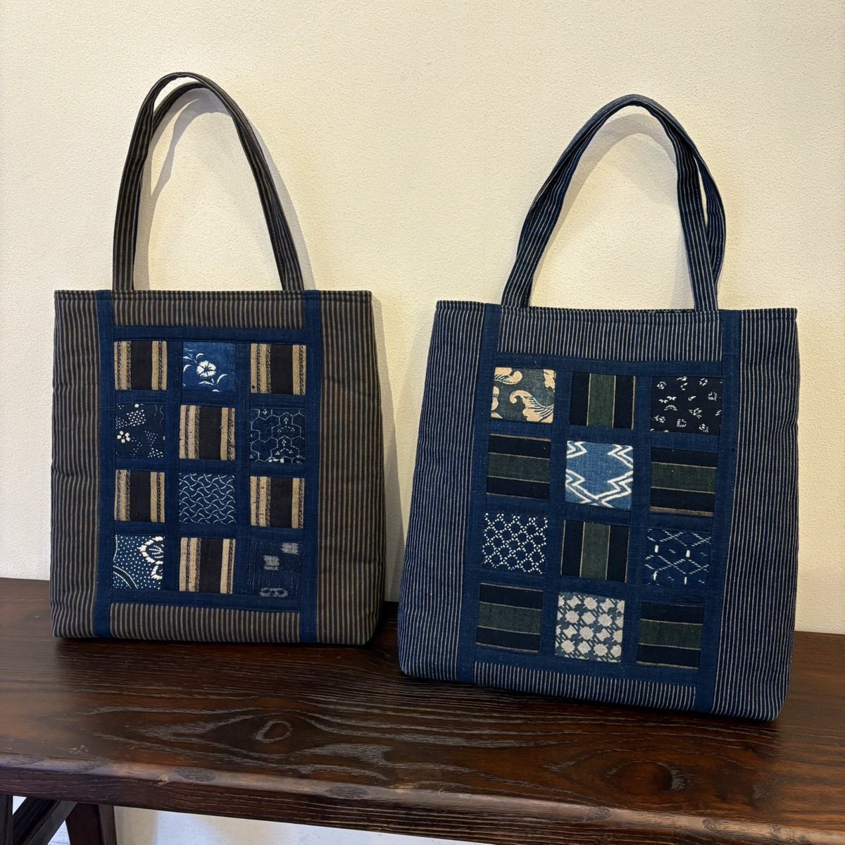 夢物語（樹庵)手作りランダムパッチワーク型染め絣藍染中型バッグ☆古銭付☆木札付 数量限定】昭和初期の希少な古布と藍染め布をパッチワークのように