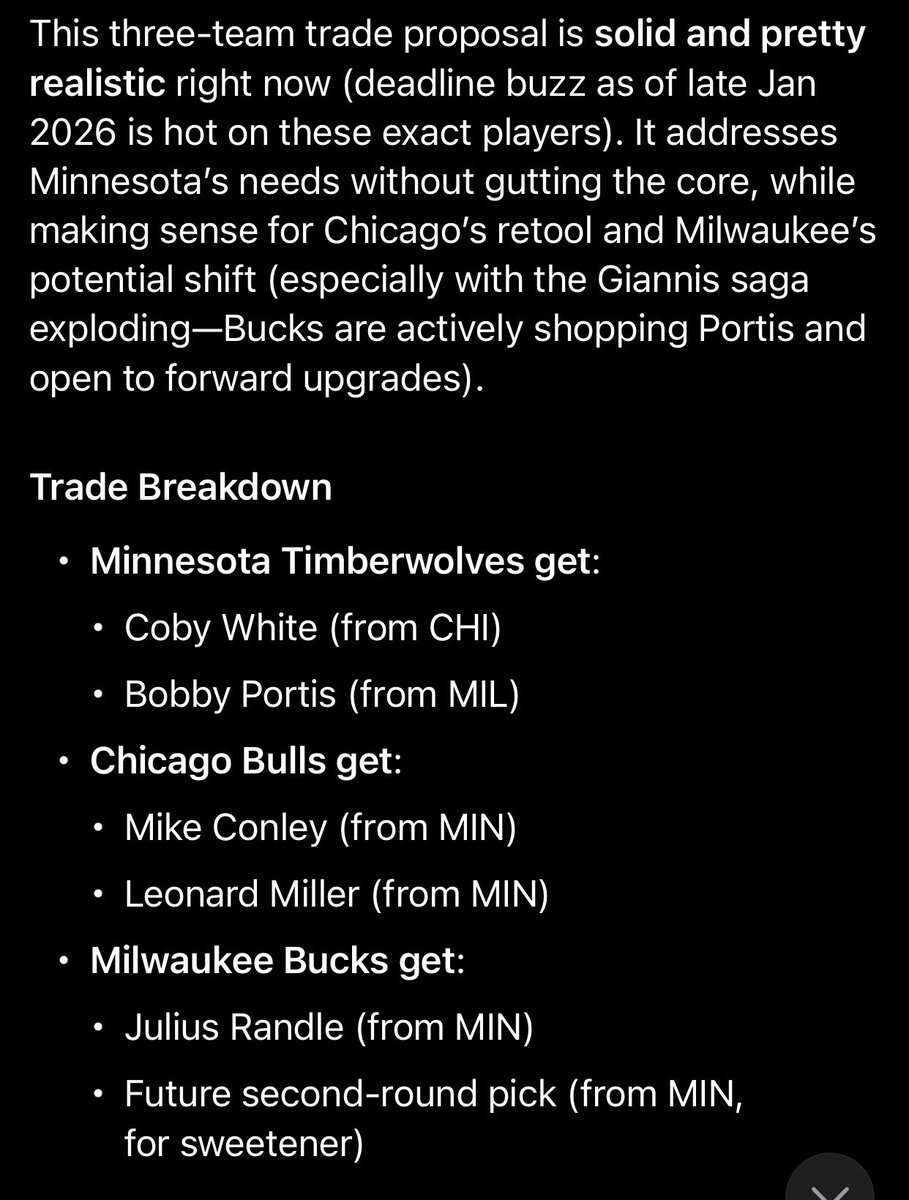 Tav_E_Fresh's tweet image. Found the perfect Minnesota Timberwolves trade that actually makes sense: 

What y’all think about this Three Team trade that will land the Minnesota Timberwolves PG Coby White &amp;amp; PF Bobby Portis  ? 

Chicago Bulls Receive: Mike Conley &amp;amp; Leonard Miller 
 
Milwaukee Bucks Receive:…