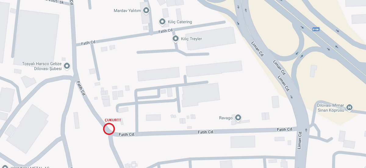 <a href="/dilovasiosb/">Kocaeli Dilovası Organize Sanayi Bölgesi</a> Haritada işaretlediğim yerde yolda kazı çalışması yapılmış ama üzeri sadece toprakla örtülmüş. Yağışlarla beraber toprak akıp gitmiş ve yolda derin bir çukur oluşmuş. Çukur arabalar için tehlike arz ediyor. Yolun onarılması lazım.