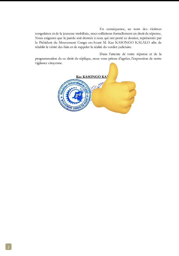 KasongoKas's tweet photo. TV5 Monde : INDIGNATION DU MCA
Le MCA s'est indigné, par un courrier adressé à la direction de l'information et au médiateur de @TV5MONDE @TV5MONDEAfrique pour avoir offert, sans contradiction, une tribune sur le plateau de TV5 à un condamné en cavale pour avoir detourné plus de 200millions USD destinés à lutter contre la famine. Condamnation obtenue suite à une longue mobilisation acharnée, contre l'impunité, de la jeunesse congolaise sous le leadership du MCA.
TV5 ne peut servir de refuge mediatique pour blanchir des réputations ternies par des preuves judiciaires accablantes. (Lettre)