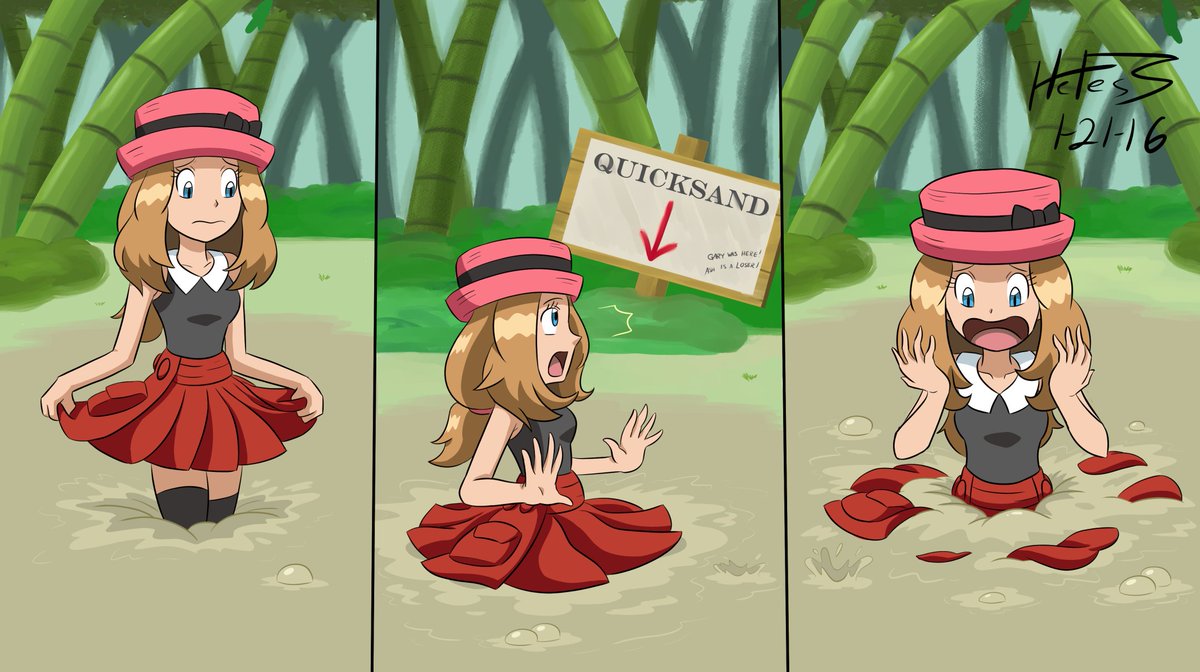 Hefess_Skadoosh's tweet photo. Serena did her best to keep from getting dirtier as she disliked mud, but that'd be the least of her worries. To her left she spotted a warning sign, realizing not nearly quickly enough that she's in quicksand! She'll need  more than a handkerchief to get out of this ;D
#Pokemon https://t.co/dnwvXmFtQf