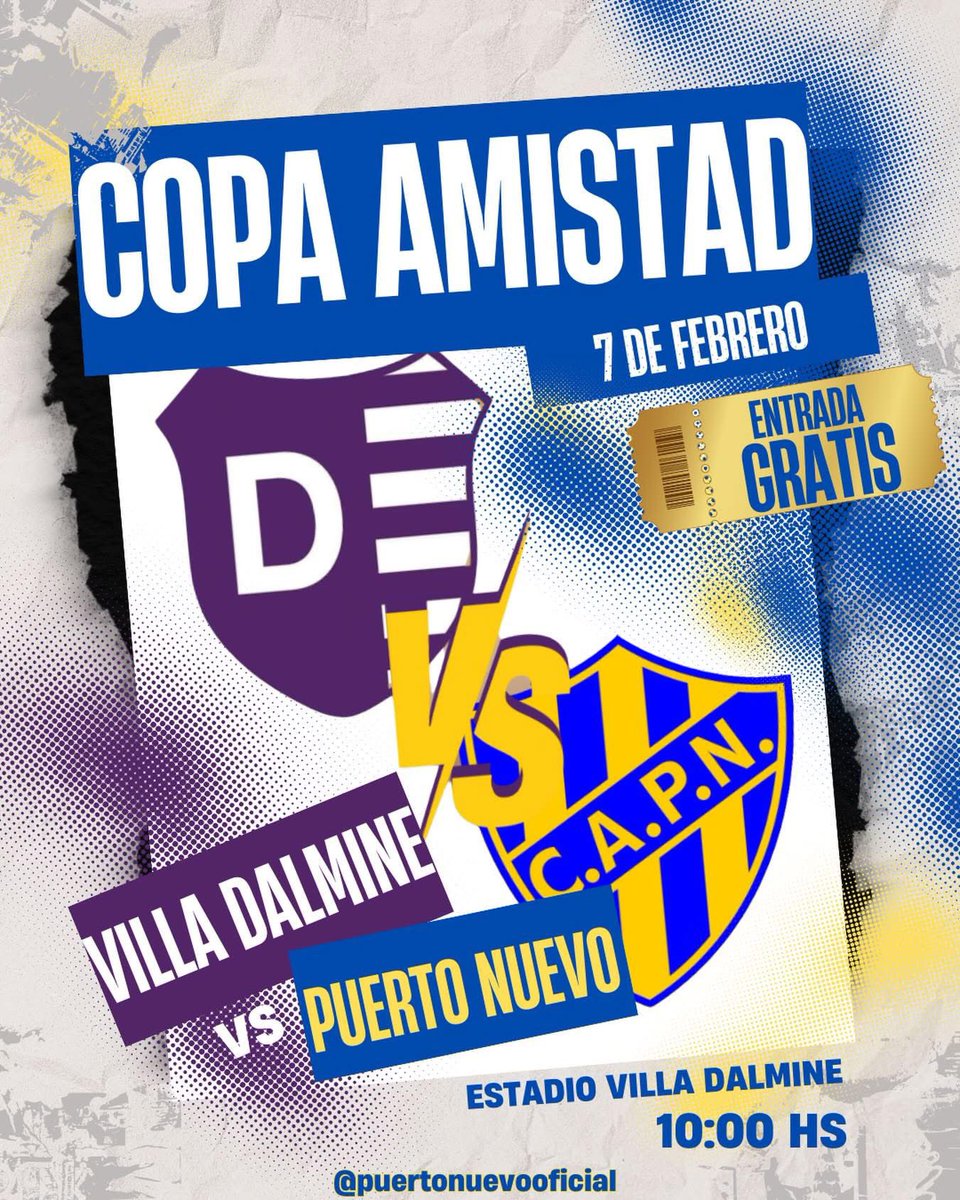 El próximo SABADO 7 DE FEBRERO a las 10:00 am se llevará a cabo "COPA AMISTAD" entre Villa Dalmine - Puerto Nuevo. Dicho encuentro se disputará en el estadio del club Villa Dálmine y la entrada es GRATUITA.

IMPORTANTE La parcialidad de PUERTO NUEVO ingresará por la calle Mitre
