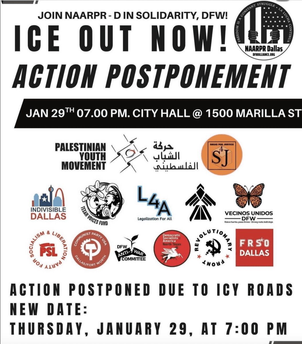 🚨 TEXAS ALERT - WARN ICE &amp; LAW ENFORCEMENT!

Anti-ICE mob targets Dallas City Hall Jan. 29 - “ICE OUT NOW” + “JAIL KILLER COPS.”

A dangerous Marxist and Islamic activist coalition is mobilizing at Dallas City Hall on January 29 at 7:00 PM, pushing “ICE OUT OF DFW” while