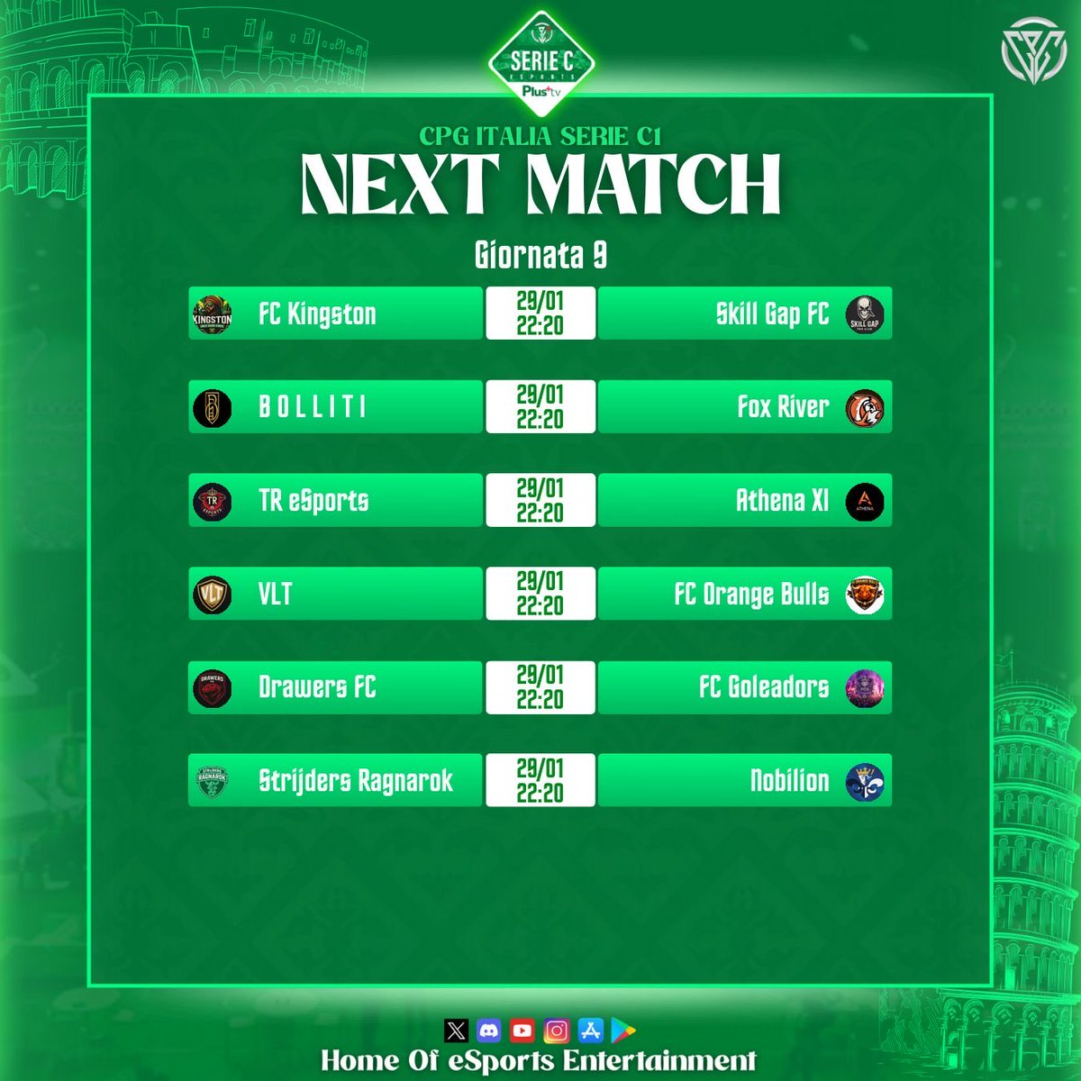 🏆 CPG Italia
⚽️ Serie C
📊 Accoppiamenti
🗓️ Giornata 9

@Fckingston01
<a href="/Malese597505/">Malese</a>
<a href="/FoxRiver10_/">Fox River</a>
<a href="/CormiglioXI/">Venum Esports</a>
<a href="/bollitifoggia/">B O L L I T I</a>
<a href="/DrawersFC/">Drawers FC</a>
<a href="/sTr_RagnarokFC/">𝙎𝙩𝙧𝙞𝙟𝙙𝙚𝙧𝙨 𝙍𝙖𝙜𝙣𝙖𝙧𝙤𝙠</a>
<a href="/VLTproclub/">VLT</a>
<a href="/Athena_EAFC/">Athena XI</a>
<a href="/NobilionEsports/">NobilionEsports</a>
<a href="/Zena_esport/">𝒁𝑬𝑵𝑨 𝑬𝑴𝑷𝑰𝑹𝑬</a>
<a href="/FcOrangeBulls/">FcOrangeBulls</a>