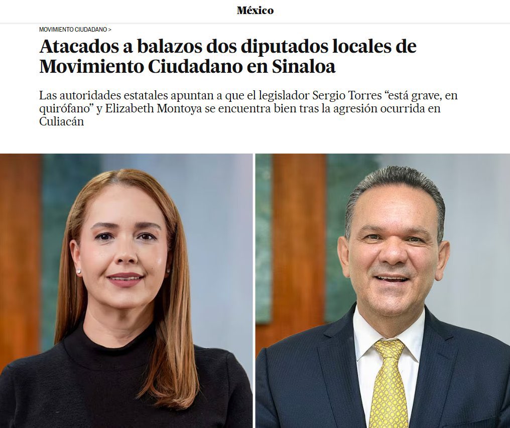 Sinaloa reclama paz y justicia. Por más que <a href="/Claudiashein/">Claudia Sheinbaum Pardo</a> proteja a <a href="/rochamoya_/">Rubén Rocha Moya</a>, es insostenible en una entidad gobernada por el crimen. 

Condenamos el ataque contra los diputados Sergio Torres Félix (dirigente estatal de MC) y Elizabeth Rafaela Montoya Ojeda del MC, a plena luz