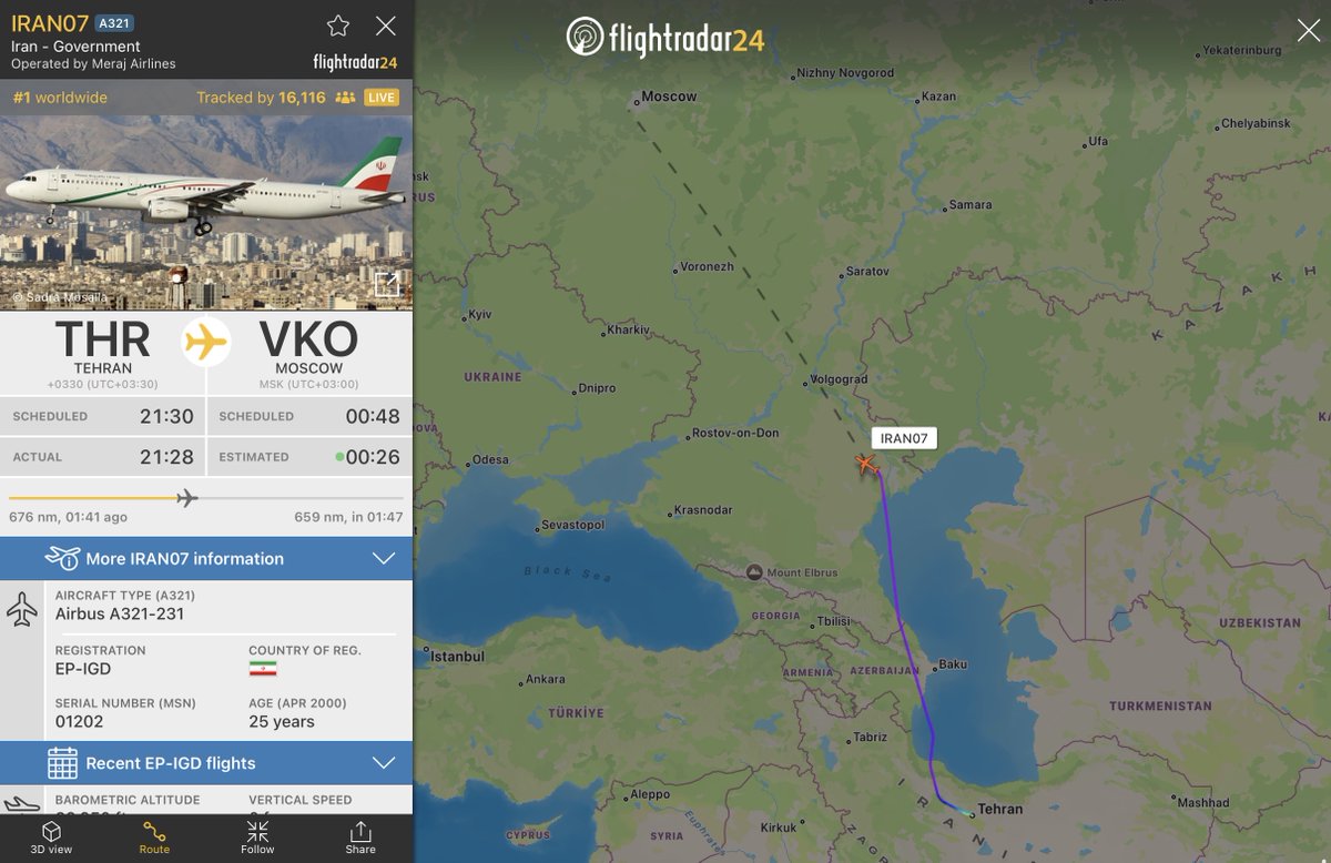 Our most tracked flight right now: an Iranian government aircraft en route from Tehran to Moscow. flightradar24.com/IRAN07/3e1b91aa