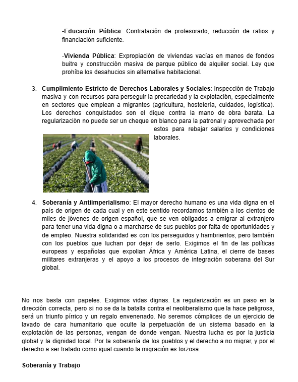 📣Comunicado sobre la regularización de 500,000 Personas Migrantes.

"Cuando el Gobierno y fuerzas como Podemos validan una regularización sin una inversión pública masiva y urgente, están trabajando, en la práctica, gratis para la agenda de VOX y el PP"

#PazSoberaníayTrabajo