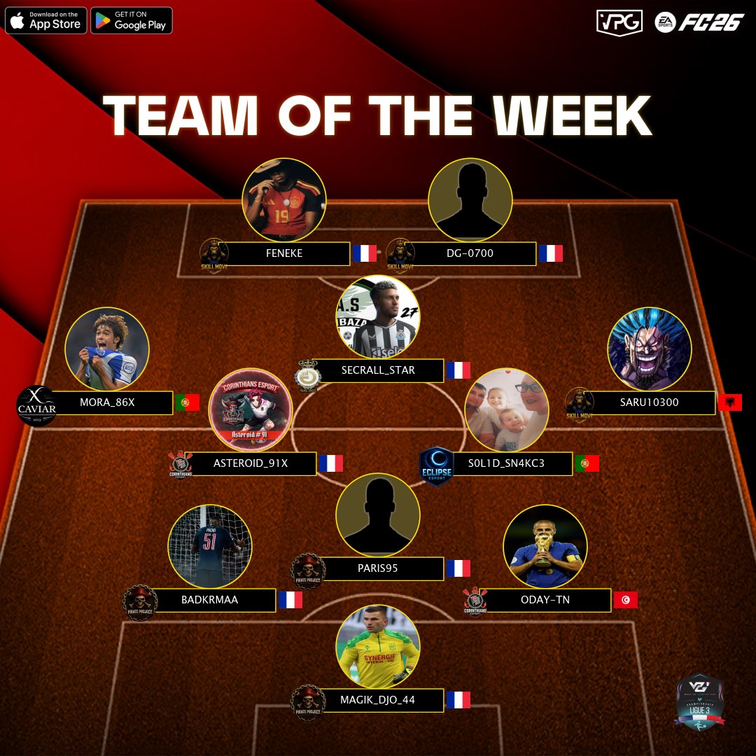 • VPG France

👤 Équipe de la semaine | TOTW
🏆 Ligue 3 A &amp; B
🗓️ Semaine 2

Félicitations aux nominés