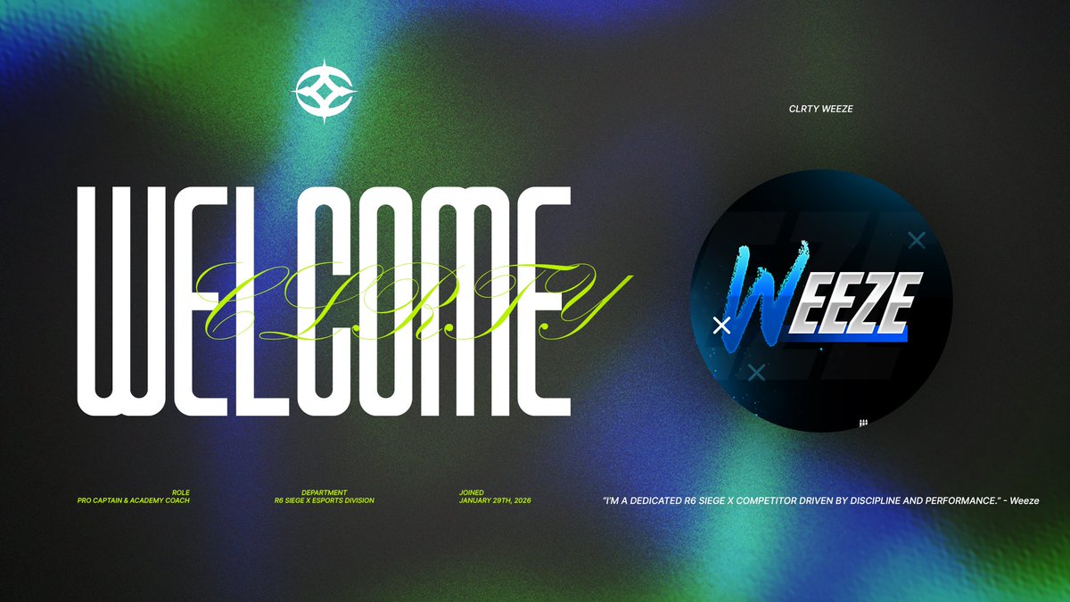 Welcome <a href="/Weeze_/">Weeze</a> to CLRTY as the Captain of our R6 Siege X Main Roster and Coach of our Academy Team.

This officially launches CLRTY’s R6 Siege X Division as we begin building our program from the ground up.

Welcome to CLRTY. 🤍

CLRTY | #CutTheNoise 👁️