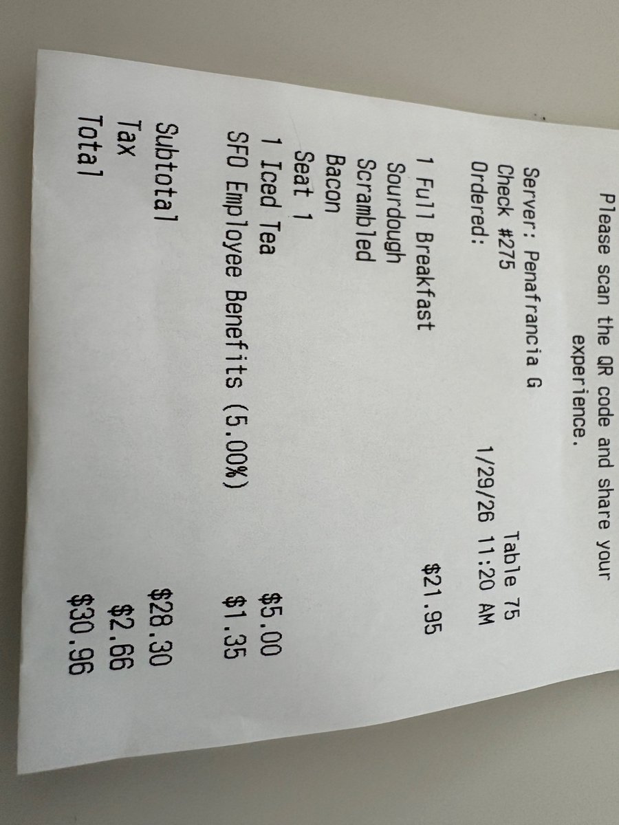 26.95ドルの食事をして従業員に支払うお金5%と税金10%が上乗せされて30.96ドル ここに18%のチップを入れてトータル35.81ドル  ここから28ドルはプライオリティパスに払い 7.81ドルを手出し…という感じ 1,200円で食べれたと考えれば大満足です ただ上乗せされるお金を計算し  ...