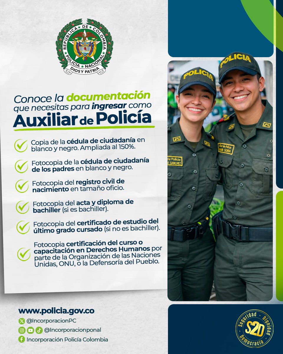 ¡𝐈𝐦𝐩𝐨𝐫𝐭𝐚𝐧𝐭𝐞! Antes de asistir a realizar tu inscripción a la convocatoria para Auxiliar de Policía 👮🏻‍♀️💚, verifica que cuentes con toda la documentación exigida.

Tener tus documentos completos te permitirá avanzar sin inconvenientes en el proceso.
#IncorporaciónPolicía