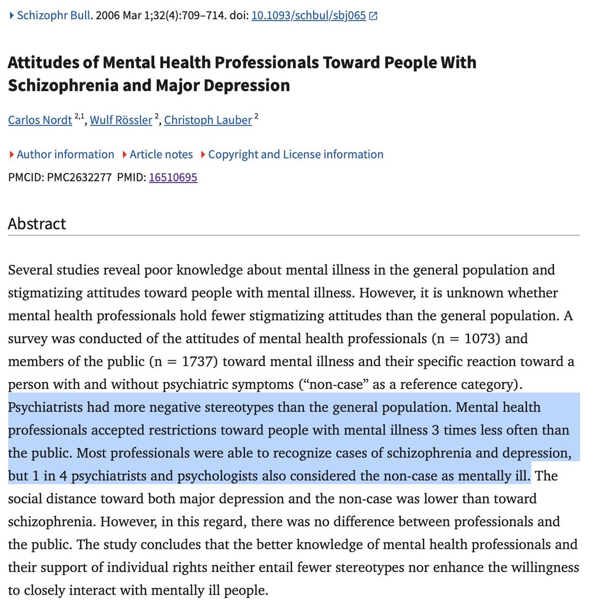Psychiatrists held more negative stereotypes about schizophrenia &amp; depression than the public. MH professionals accepted restrictions far less often &amp; better recognized cases, but 1/4 psychiatrists and psychologists mislabeled healthy people as ill.