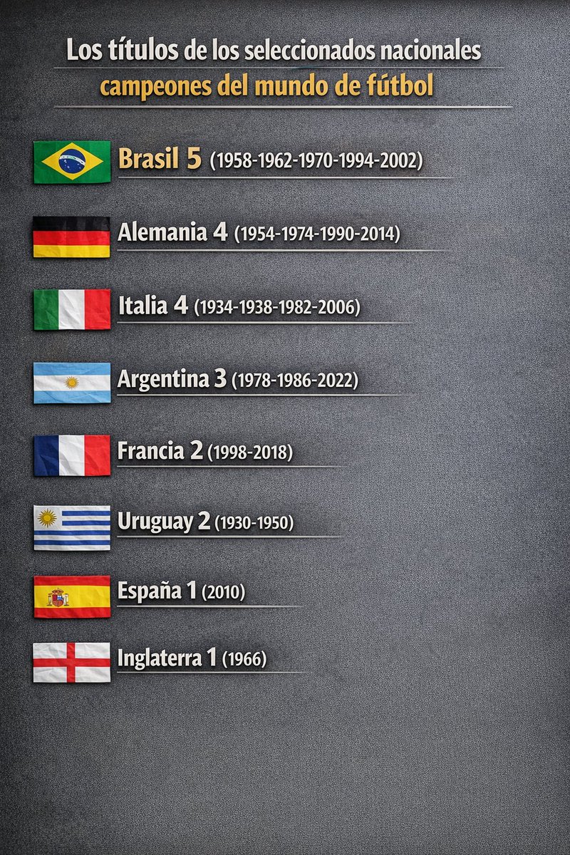 Se viene la Copa Mundial de Fútbol.
¿Quién será el próximo campeón del mundo?
Este es el palmarés actual.
#futbol