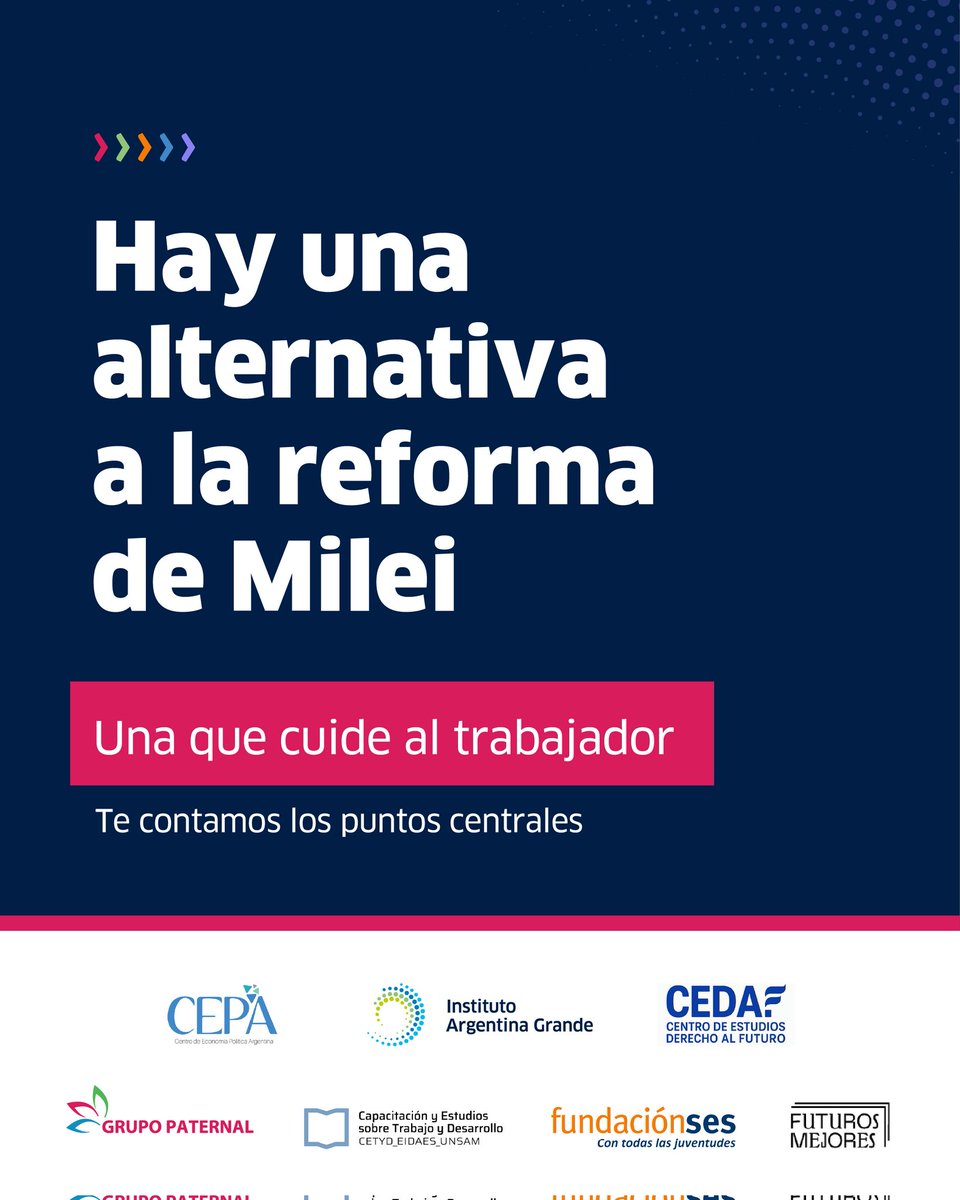 ¿Hay alternativa a la reforma laboral de Milei? ¡Sí, una que cuide a los trabajadores y genere más el trabajo registrado que Argentina necesita!

Repasamos la contrapropuesta del IAG, <a href="/ctroCEPA/">Centro CEPA</a>, <a href="/FuturosMejores/">Futuros Mejores</a>, <a href="/FundacionSES/">Fundacion SES</a>, <a href="/Grupo_Paternal/">Grupo_Paternal</a> <a href="/CETyD_/">CETyD</a> y CEDAF.
