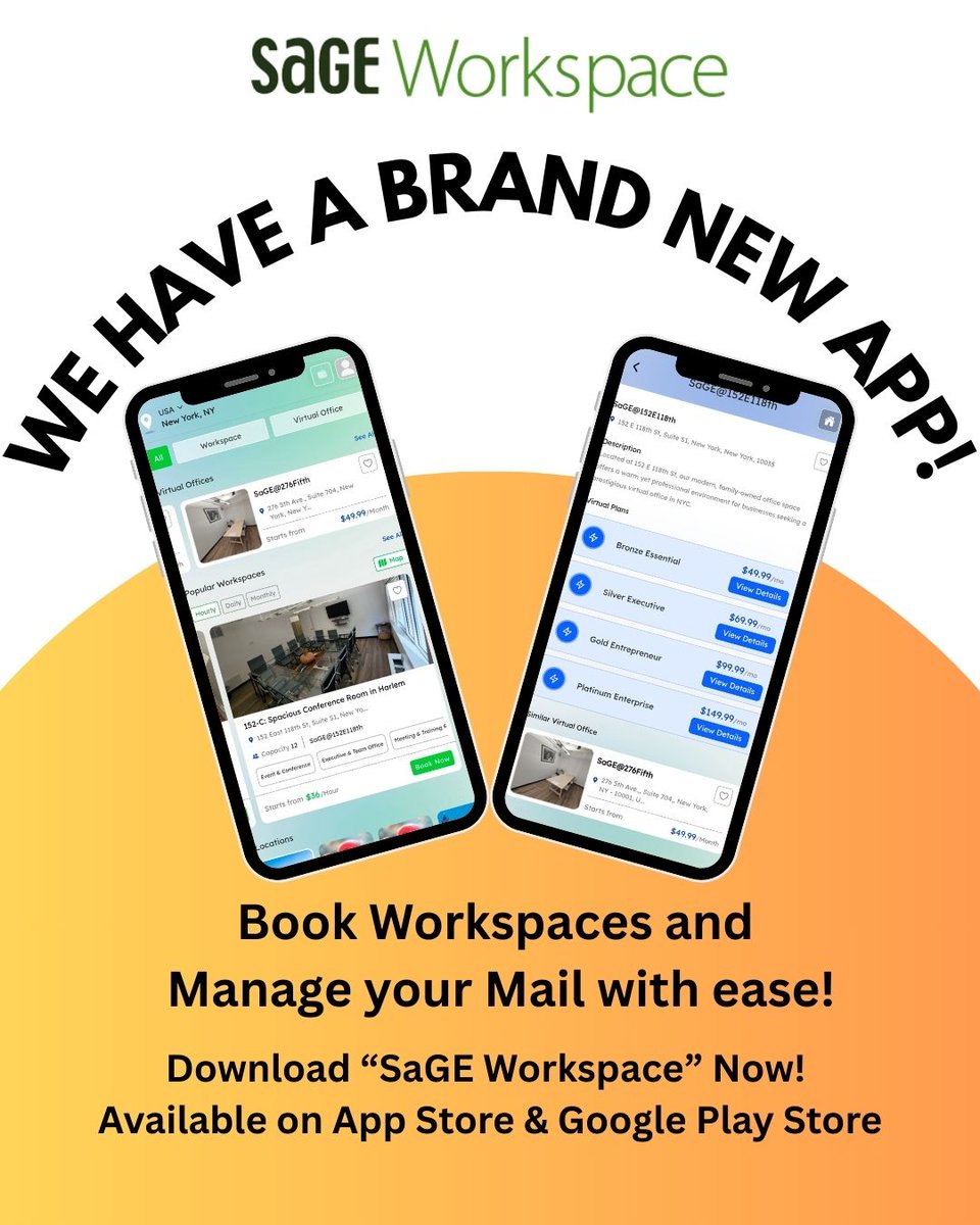 The SaGE Workspace app is officially LIVE! Book on-demand desks, manage your mail, and stay connected from anywhere in the world.

Business doesn’t stop moving, and now, neither do you.

iOS: tinyurl.com/mshed39t
Android: tinyurl.com/35vntjvz