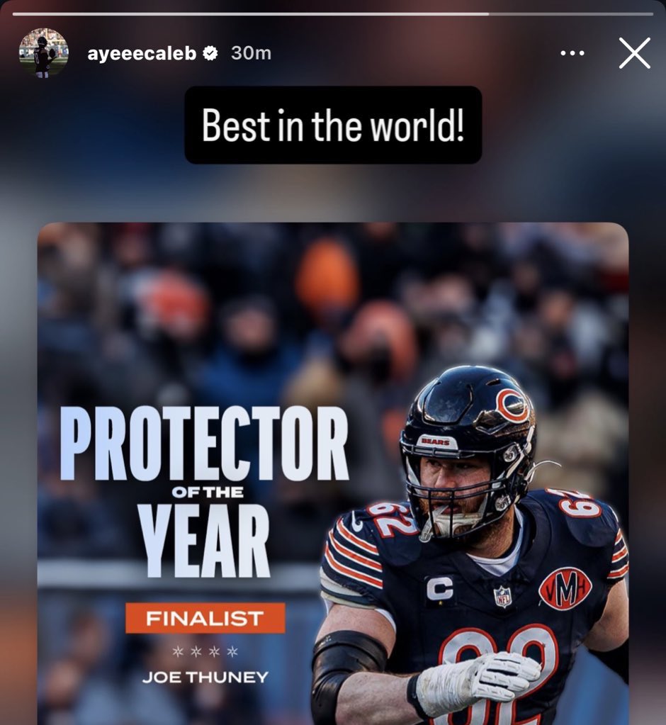 Bears QB Caleb Williams on Joe Thuney being nominated for the NFL’s first ever Protector of the Year Award: 

“Best in the world!” 

He’s not wrong. Best offensive lineman in the league. 🐻⬇️

via Caleb’s instagram