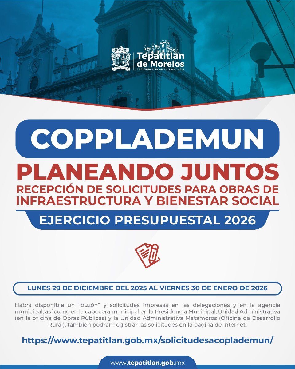 Últimos días para registrar solicitudes ante el COPPLADEMUN 2026, donde podrás proponer obras y acciones de infraestructura para tu colonia o comunidad.

Participar es muy fácil, lo puedes hacer desde la página oficial tepatitlan.gob.mx/solicitudesaco…