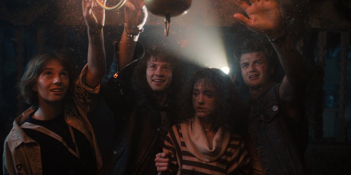 buffypascal's tweet image. one of my favorite moments of them twinning is when they're reacting to the light. steve is mystified, nancy is already plotting how to use it to their advantage, meanwhile tweedledum and tweedledee are just giggling at how it tickles