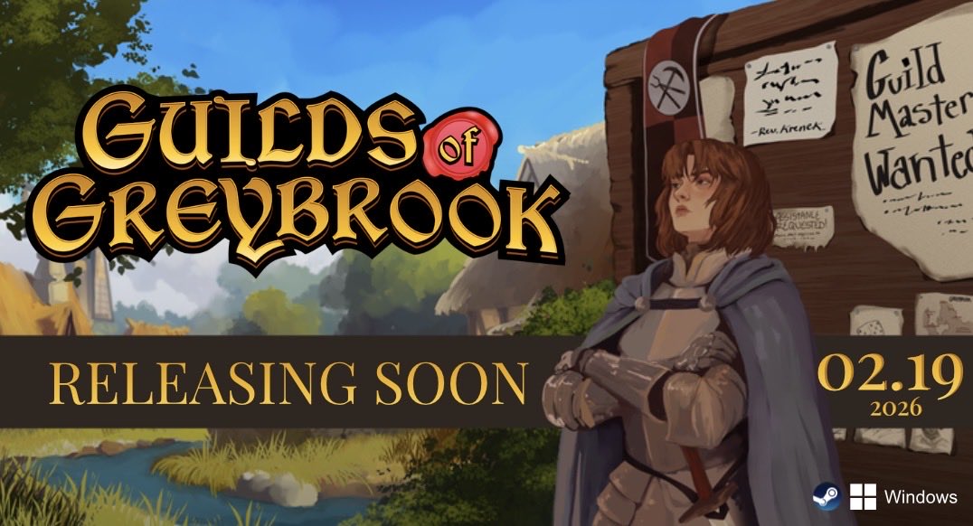 3 weeks until Guilds of Greybrook releases! 

Guilds of Greybrook is a rougelike management simulator where you don’t play the heroes, you pay them! 

Releasing soon February 19, 2026.

Wishlist on Steam today!: store.steampowered.com/app/3712780/Gu…

#indiegame #roguelike #gamedev #steamgame