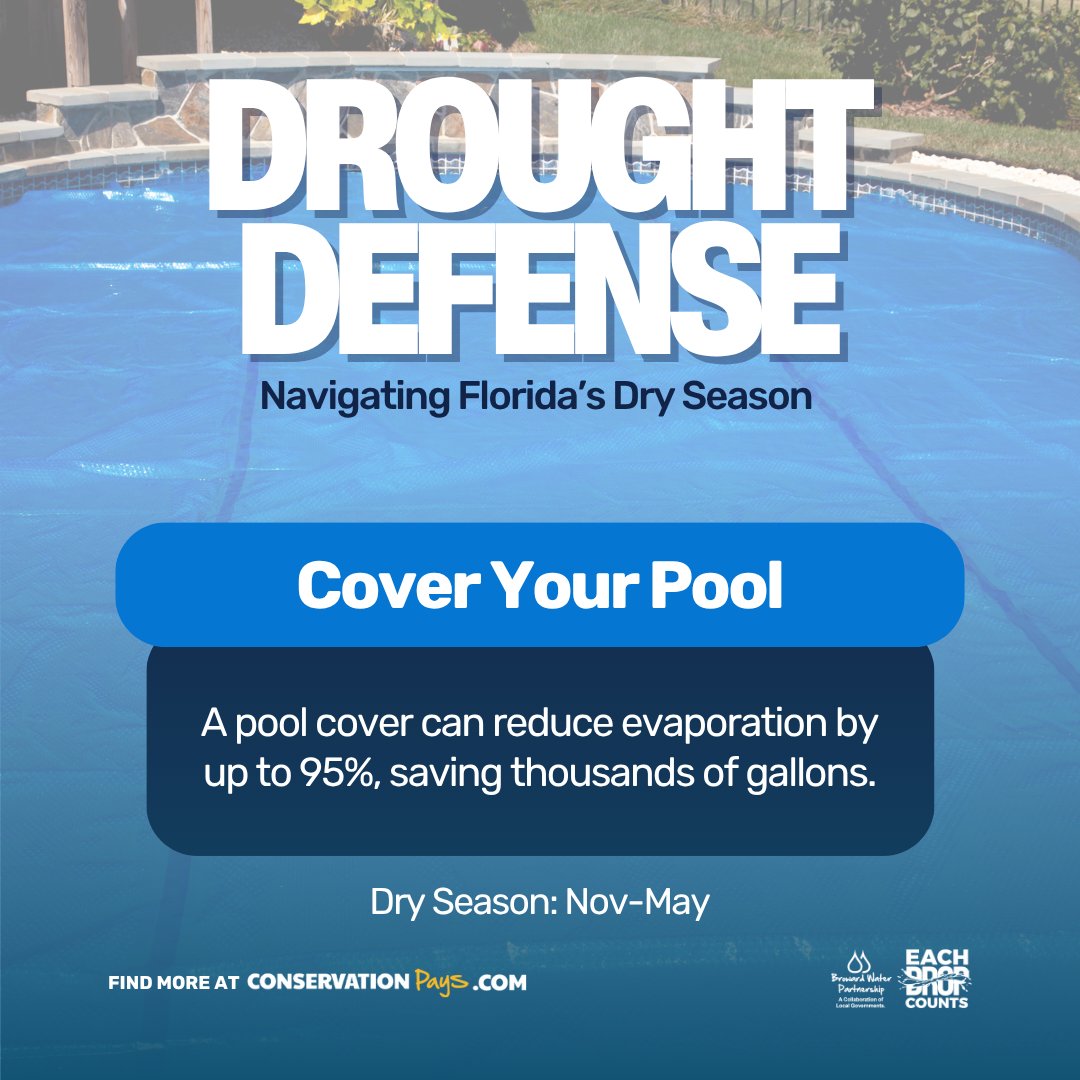🏡Florida’s dry season (Nov–May) is the perfect time to reassess your daily water use inside and out.

Today's Tip!
Cover Your Pool: A pool cover can reduce evaporation significantly. 

Learn more at conservationpays.com

#ConservationTip #ConservationPays #EachDropCounts