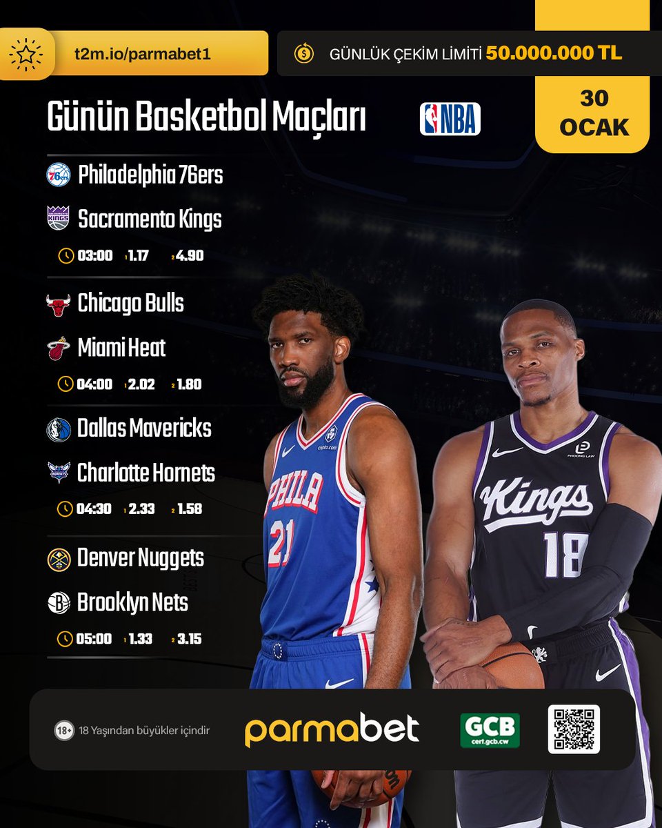 Parmabet23's tweet photo. ⛹️‍♂️ NBA Karşılaşmalarında En Yüksek Oranlarla Bahis Heyecanı Parmabet'te !

🏀 Philadelphia 76ers 🆚 Sacramento Kings
🏀 Chicago Bulls 🆚 Miami Heat
🏀 Dallas Mavericks 🆚 Charlotte Hornets
🏀 Denver Nuggets 🆚 Brooklyn Nets

🔗 Parmabet'e ulaşmak için:  https://t.co/qdUCKpXdN5 https://t.co/yIDAfIyRlo