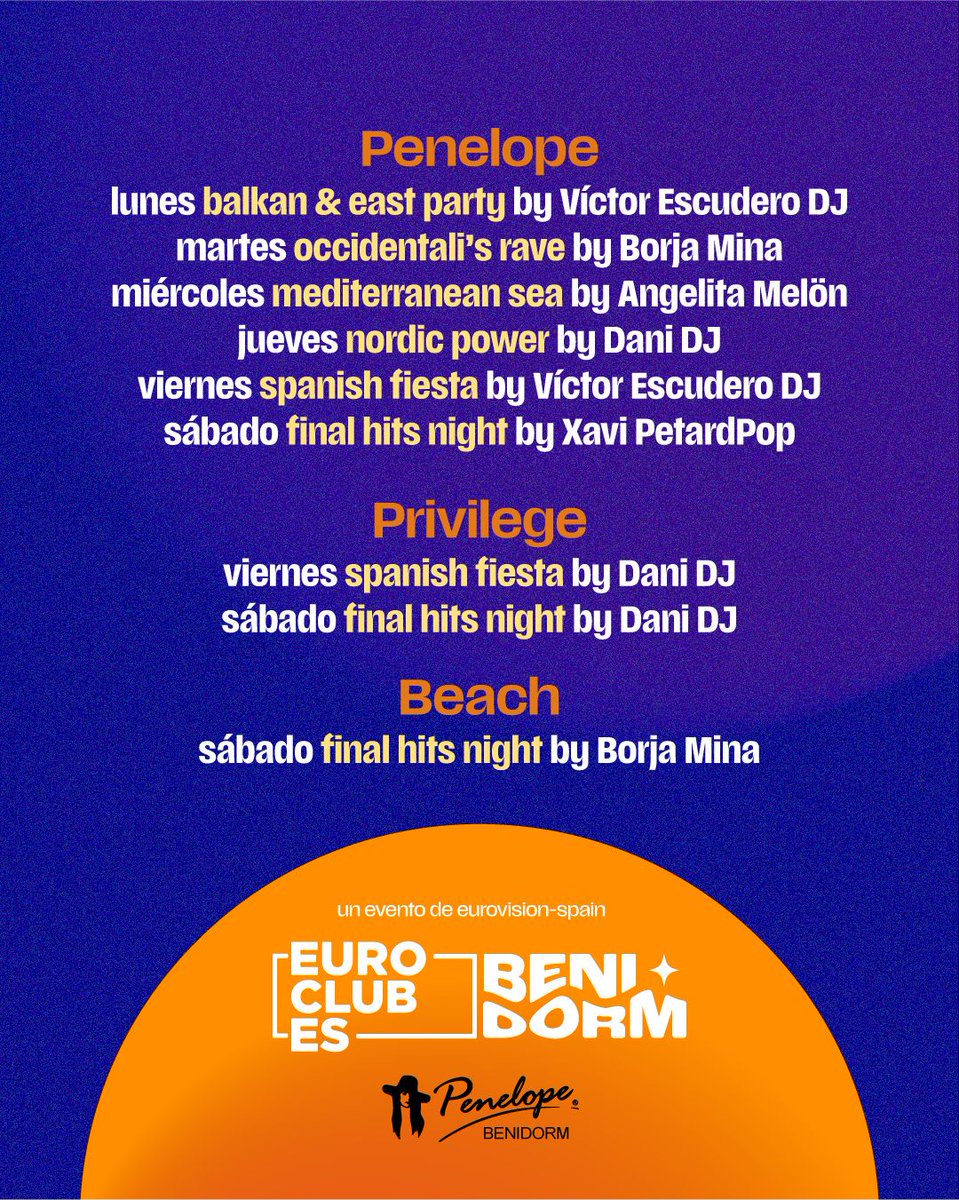 eurospaincom's tweet photo. 🔥 Así será el #EuroClubES de Benidorm con @victorESC_udero @Danielfs6 @Xavi_Abad @Borjamina #AngelitaMelon 😏

🌍 L: Balkan &amp; East Party
🪩 Ma: Occidentali’s Rave
🌊 Mi: Mediterranean Sea
❄️ J: Nordic Power
💃 V: Spanish Fiesta
🏆 S: Final Hits Night

🎫 https://t.co/NMrn3zCjK5 https://t.co/j8NWXGYAE6