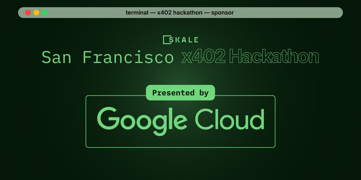 SkaleNetwork's tweet image. x402 at scale depends on reliable, global infrastructure.

We’re proud to welcome @GoogleCloud as a partner of the SF x402 Hackathon, supporting builders exploring agent-native payments with reliability and performance at the core!