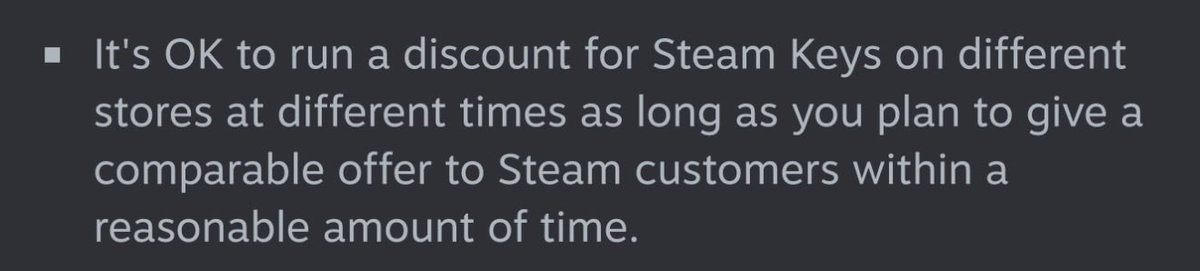 No, they literally don’t

Steams parity rules only apply to Game Keys which state the same sale should be applied on Steam after a reasonable amount of time

Source-Steam:
partner.steamgames.com/doc/features/k…