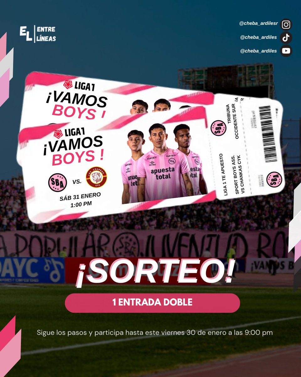 𝐒𝐎𝐑𝐓𝐄𝐎: ¡𝐍𝐎𝐒 𝐕𝐀𝐌𝐎𝐒 𝐀𝐋 𝐂𝐀𝐋𝐋𝐀𝐎! 🩷⚓

Participa por 1 entrada doble para el debut de Sport Boys en el Torneo Apertura.

Solo debes seguir lo siguiente:

✅ 𝐒𝐢́𝐠𝐮𝐞𝐦𝐞
✅ 𝐃𝐚𝐫 mg y rt a este post

Puedes participar hasta 𝐦𝐚𝐧̃𝐚𝐧𝐚 𝐚 𝐥𝐚𝐬 𝟗𝐩. 𝐦.