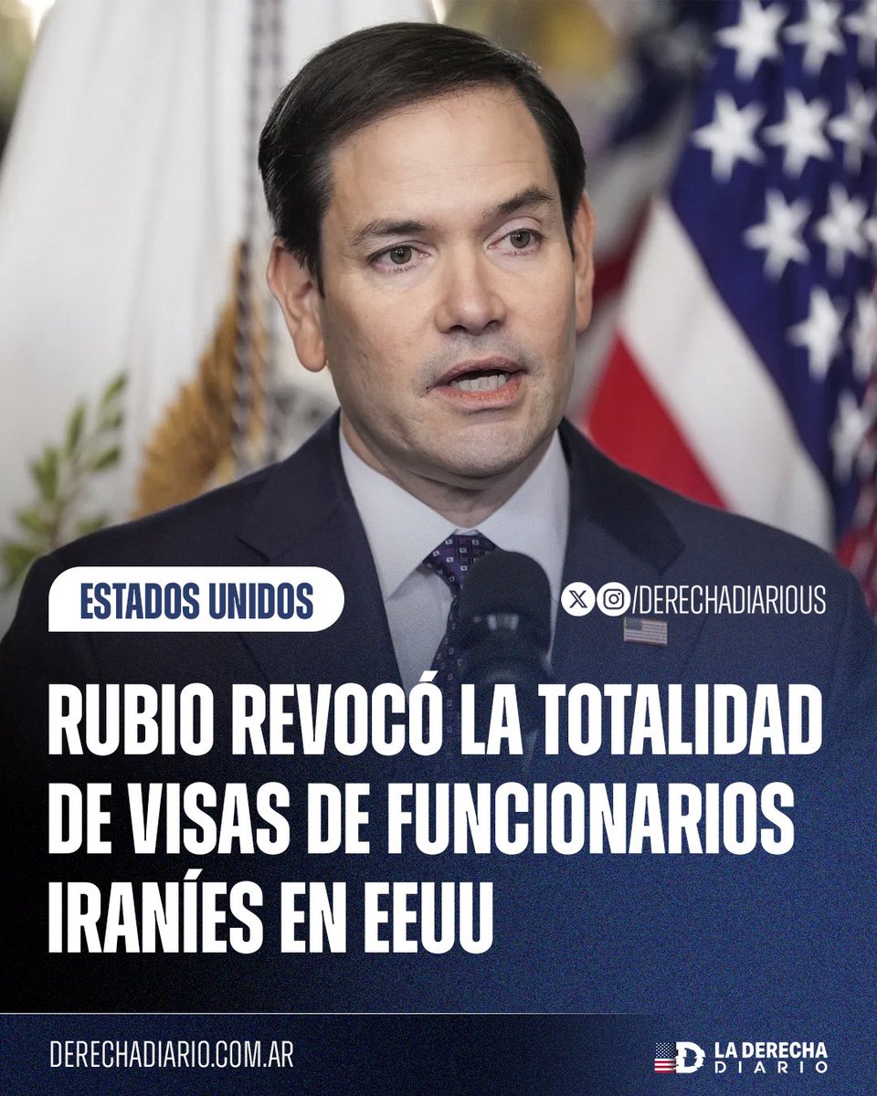 🚨🇺🇸🇮🇷 | REVOCAN VISAS A IRANÍES: El secretario de Estado Marco Rubio revocó las visas de funcionarios iraníes y de sus familiares en Estados Unidos, resultado del endurecimiento de medidas contra representantes del régimen iraní.