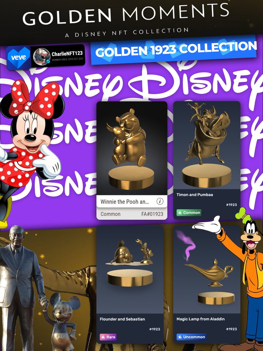 CharlieNFT123's tweet image. Golden Moments 1923 Collection!  Disney was founded in 1923!  Shout out to @DavidYuNZ @veve_official @StackRworld @Disney @VeVeMagic @LevanevskyOMI  @MrChamp_eth  Let's Go!
