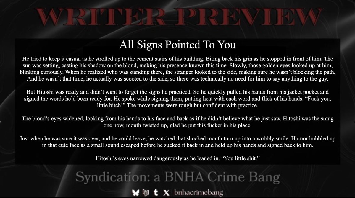 👀 Coming soon🔪
Got a fic dropping for the Syndication Bang that I’m SOOO excited about!!!
<a href="/bnhacrimebang/">Syndication Bang - Posting Period!</a> 

#Shinkami #BNHACrimeBang #TeamUp