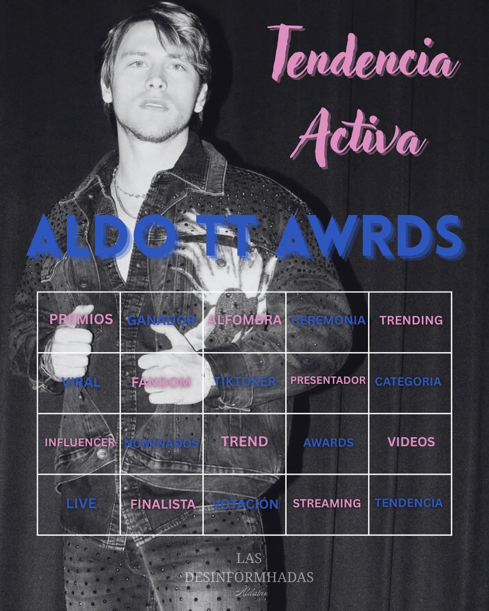 desinformhadas's tweet image. DESINFORMHAD@S TENDENCIA ACTIVA!!✨️🧚🏻‍♀️🧚🏻‍♂️

Apoyemos a Aldo en los TikTok Awards!

Frase: ALDO TT AWRDS

Comenta la frase con una palabra de la tabla hasta completarlas todas!

Dale Like y Rt