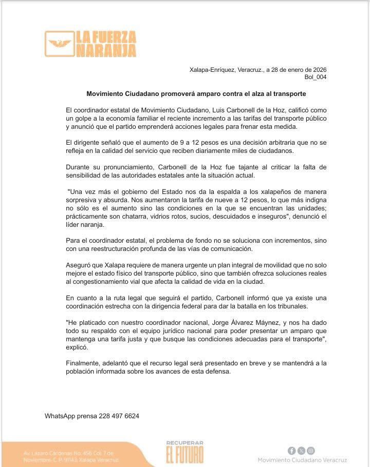 Porque es un exceso, le pega a las familias, el transporte no pasa y porque es una decisión arbitraria, <a href="/MovCiudadanoMX/">Movimiento Ciudadano | Movimiento Naranja</a> promoverá un poderosísimo amparo contra el alza al transporte público... en Veracruz.
Acá en Jalisco no, acá está chido que suban de 9.5 a 14 pesos. Atodamadre.