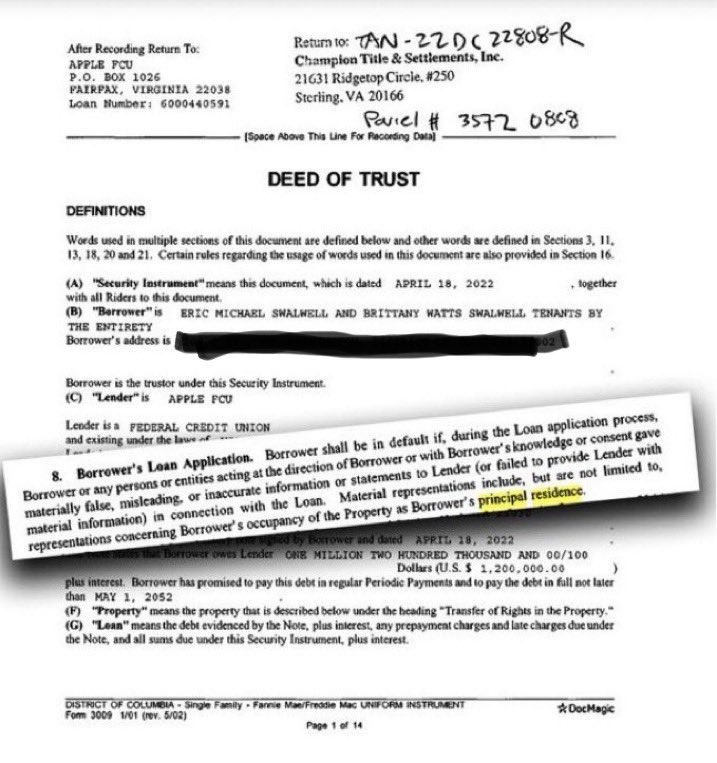 Milajoy's tweet image. If Eric Swalwell says his principal residence is in California, he committed mortgage fraud. He bought a house in DC and said it would be his principal residence.

If he says his principal residence is in DC he CANNOT run for Governor because he must have declared CA as his…
