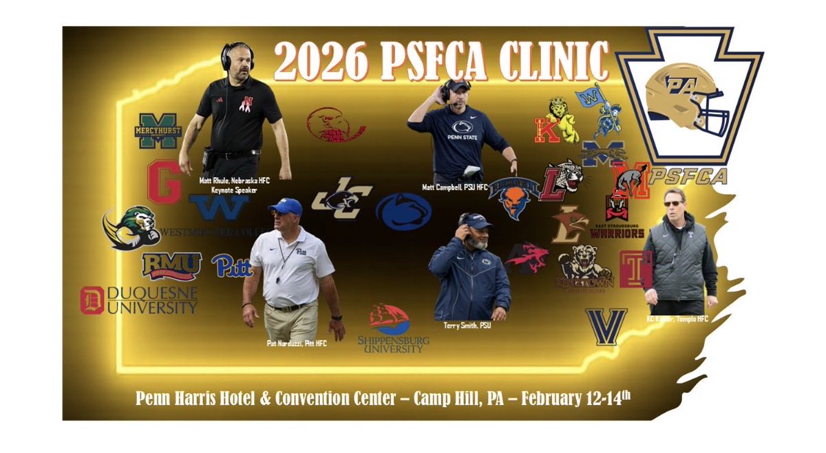 SCoachLintal's tweet image. Extremely excited for the 2026 @PSFCA_ Football Clinic on Feb 12-14! Here is the line up of speakers! Register here: big33.org/psfca/clinic/
@psfcabig33