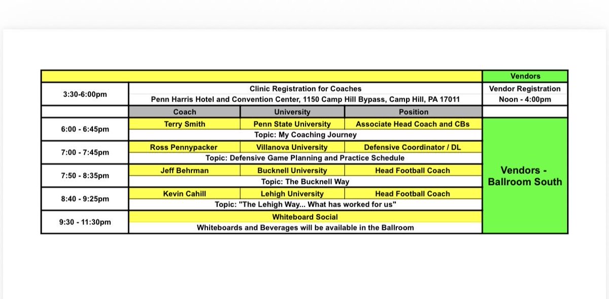 SCoachLintal's tweet image. Extremely excited for the 2026 @PSFCA_ Football Clinic on Feb 12-14! Here is the line up of speakers! Register here: big33.org/psfca/clinic/
@psfcabig33
