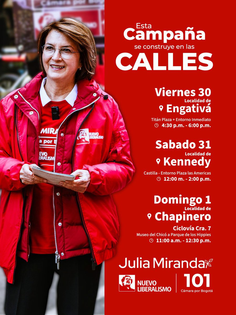 JuliaMirandaLo's tweet photo. Esta campaña la construimos en las calles, entre todos. Los esperamos este viernes, sábado y domingo en: Engativá, Kennedy y Chapinero. Vamos a trabajar juntos por #Bogotá, por la Constitución del 91, por el Ambiente https://t.co/zStKQxOlvu