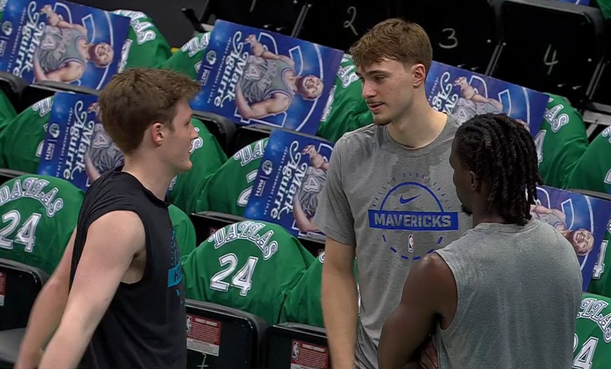 HornetsReddit's tweet photo. Former @DukeMBB teammates Kon Knueppel, Cooper Flagg and Sion James catching up before the game.