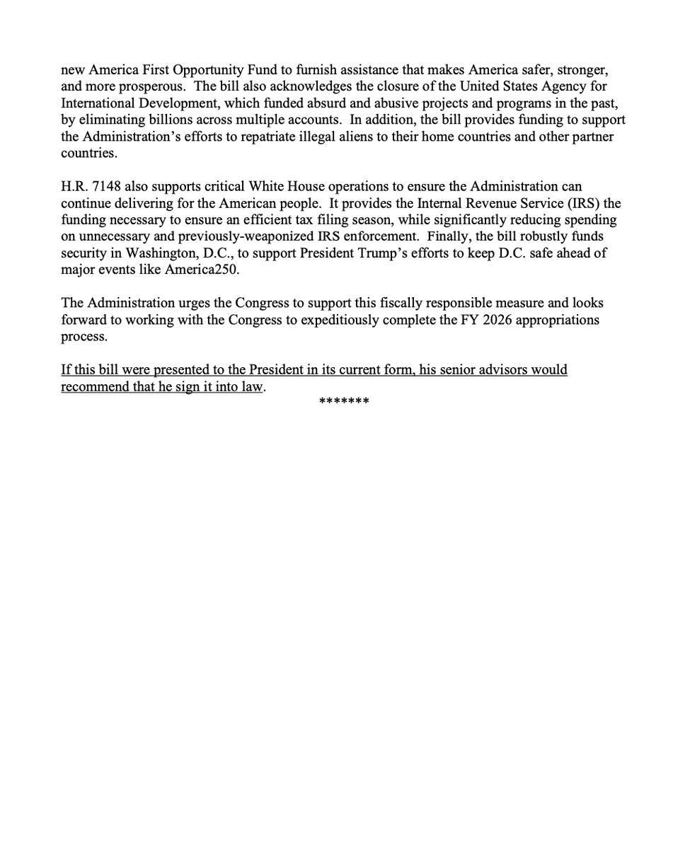 New — Here’s the statement of administration policy (SAP) from the White House backing the funding agreement