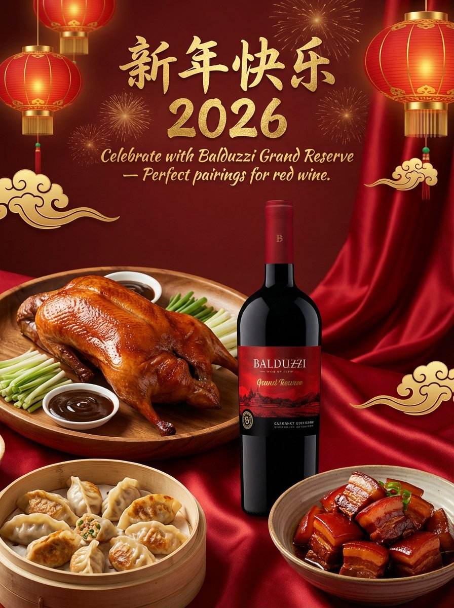 Booloom_Booloom's tweet photo. 新年快乐 🏮🇨🇳
Balduzzi Grand Reserve wine, promoting it as a perfect pairing for Chinese New Year dishes like Peking duck, dumplings, and braised pork.
Product: Balduzzi Grand Reserve, a premium Chilean red wine. 
#booloomwine #booloomwineshop 
#balduzzi https://t.co/ecehe3P6Mf