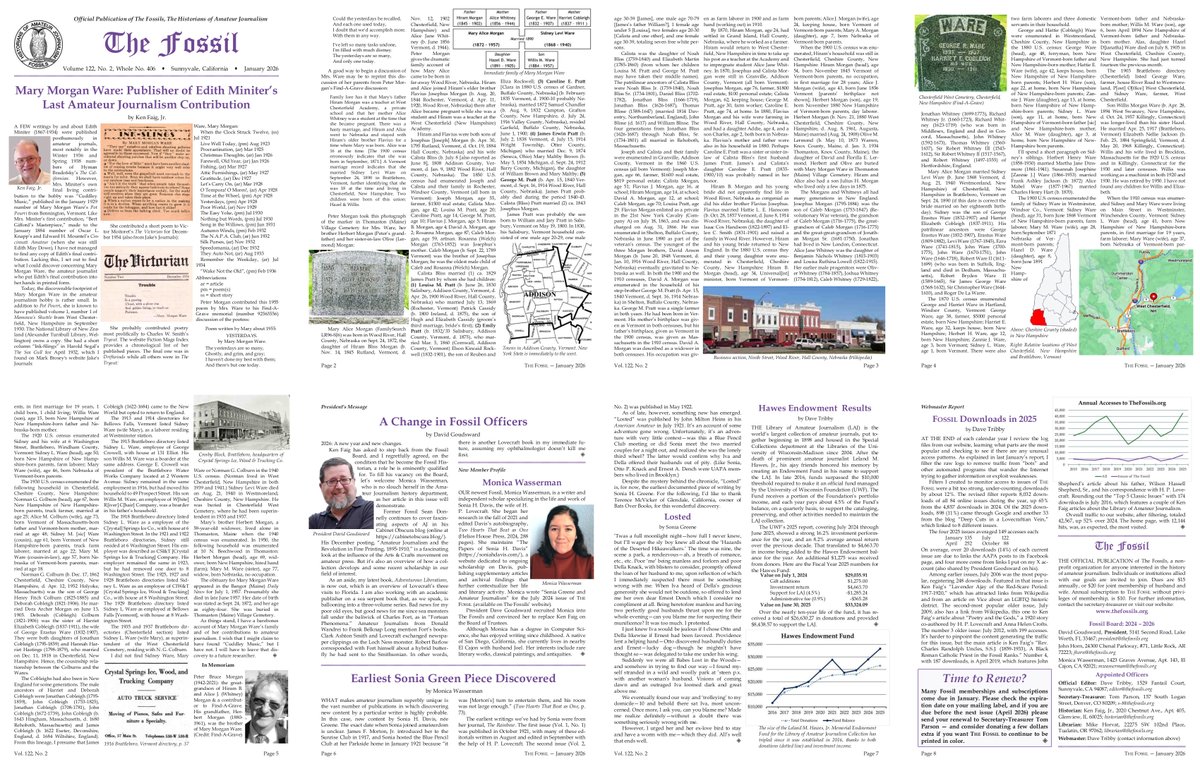 dmtribby's tweet photo. The January 2026 issue of The Fossil, available online at https://t.co/e2gZkjR6Yo, contains articles related to the history of amateur journalism. https://t.co/hZU2LFqUnv