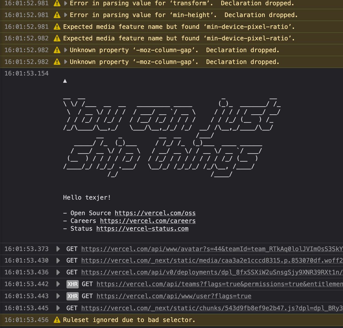 texjer's tweet image. I love that @vercel knows we have our inspector just open at all times.