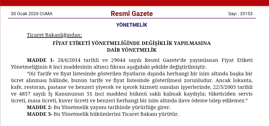 Restoranlarda kuver veya servis ücreti ismiyle ödeme alınması yasaklandı.