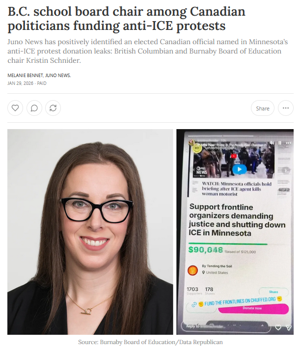 cosminDZS's tweet photo. UPDATE: One of the Canadian politicians funding anti-ICE protests in the U.S. has been positively identified as Burnaby Board of Education chair Kristin Schnider, after she urged her Instagram followers to send money to Minnesota organizers.
https://t.co/KlCX6XPYwC https://t.co/QswycXon8q