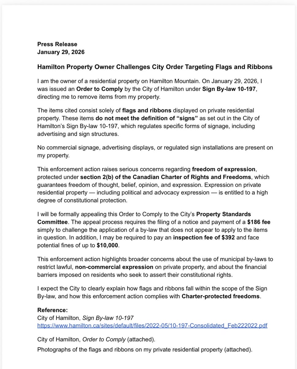 The City of Hamilton by-law has been harassing a city resident for exercising her right to free expression in her own front yard. This is anti-justice &amp; reflects ongoing anti-Palestinian racism.
 ⁦<a href="/AndreaHorwath/">Andrea Horwath</a>⁩ ⁦<a href="/HamiltonARRC/">Hamilton Anti-Racism Resource Centre</a>⁩ ⁦⁦<a href="/TheSpec/">Hamilton Spectator</a>⁩⁦<a href="/HCCI1/">Hamilton Centre for Civic Inclusion (HCCI)</a>⁩