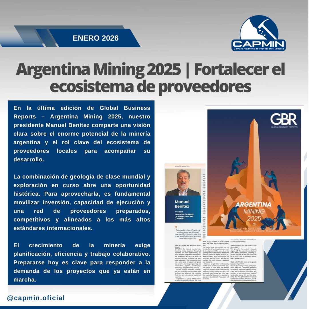 📘 Leé la entrevista completa en Global Business Reports – Argentina Mining 2025.

acrobat.adobe.com/id/urn:aaid:sc…

#ArgentinaMining #CAPMIN #ProveedoresMineros #ContenidoLocal #Inversión #DesarrolloProductivo #MineríaSustentable #Argentina2026