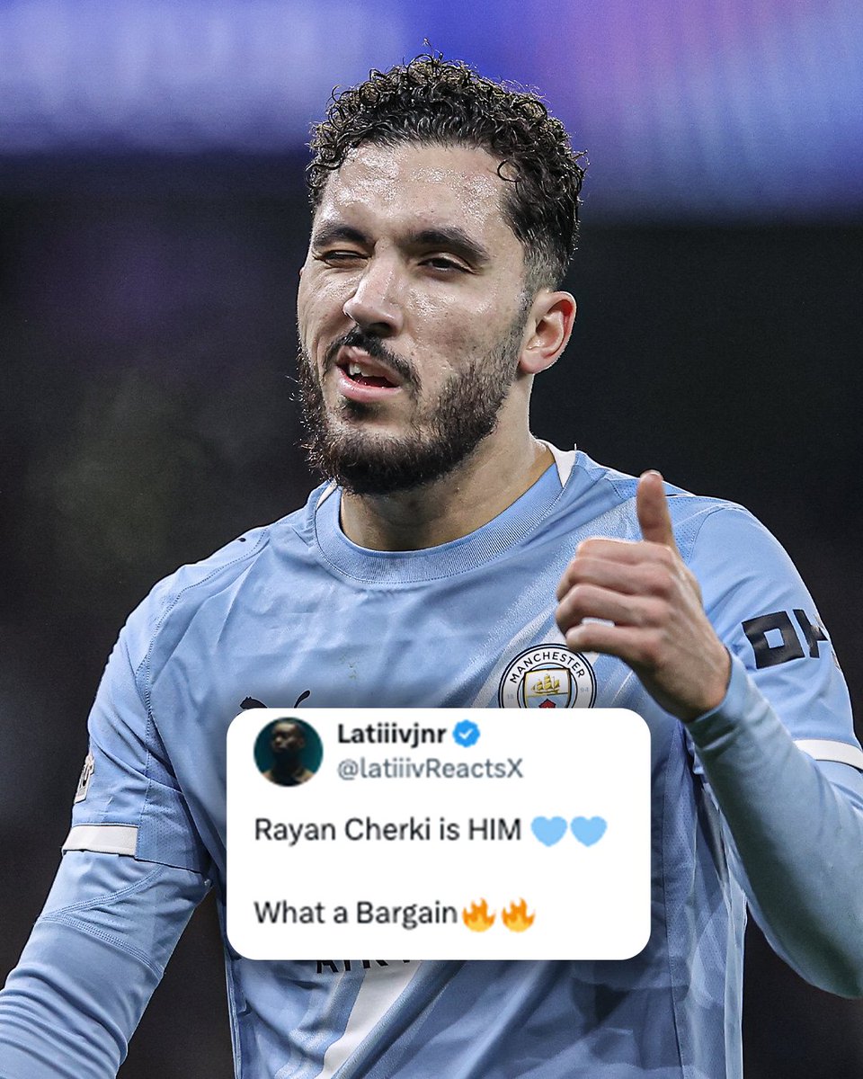 ESPNUK's tweet photo. Rayan Cherki after 18 starts for Man City this season: 

▪️20 Goal contributions 

🪄 https://t.co/2zRor52ap9