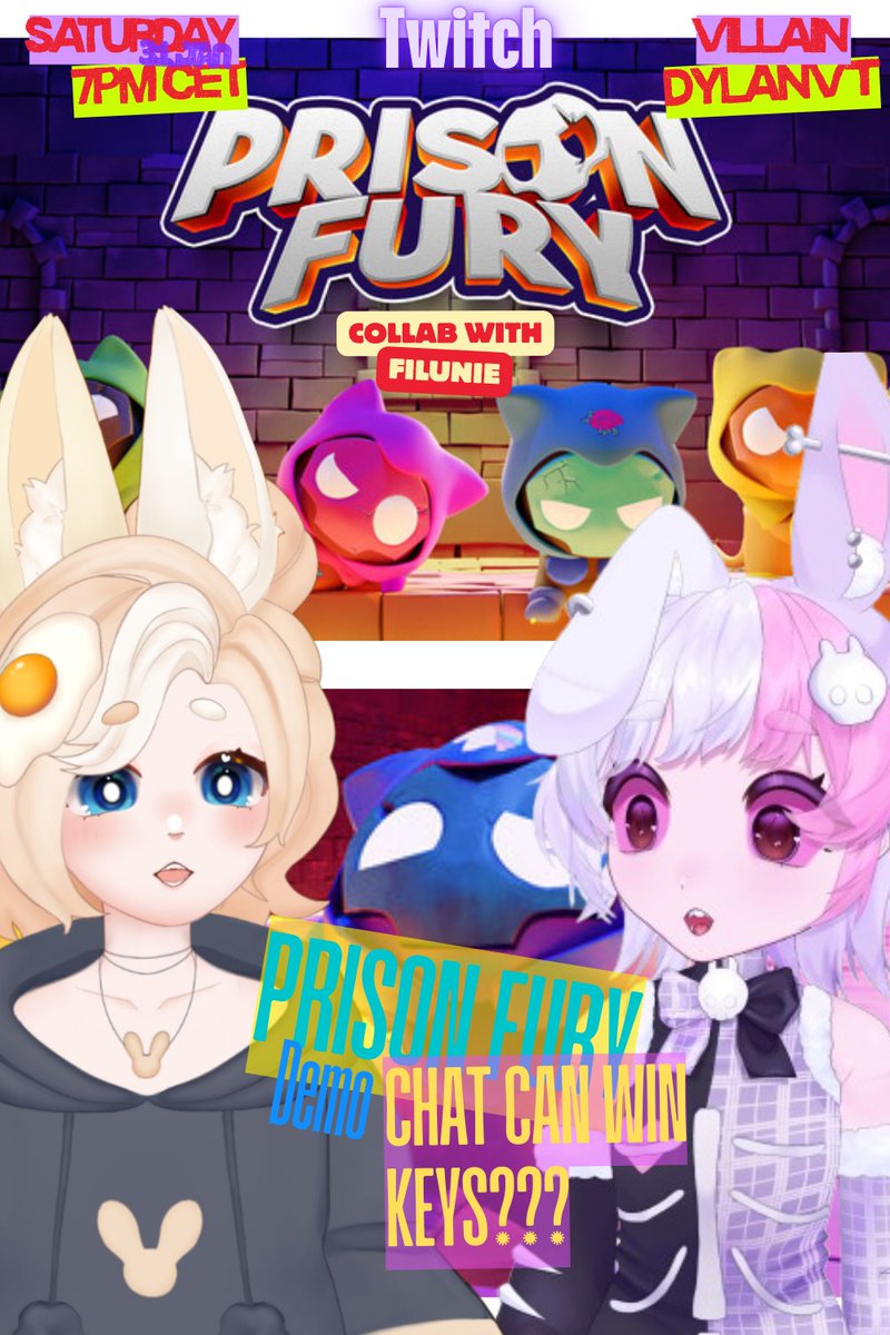 IMPORTANT!!

This Saturday
31.jan
7pm cet

Me and <a href="/filunie_/">Filu 🐰🦴 Artist & Vtuber</a>  got the opportunity to play a funny game called PRISON FURY ! 

Join us!
And maybe win something cool 👀✨️
Purple App:
m.twitch.tv/villaindylanvt…

#game #Vtuber素材 #vtuberen #Gameplay #puzzlegame #funny